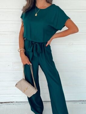 Teal Tie-Waist Wide-Leg Jumpsuit